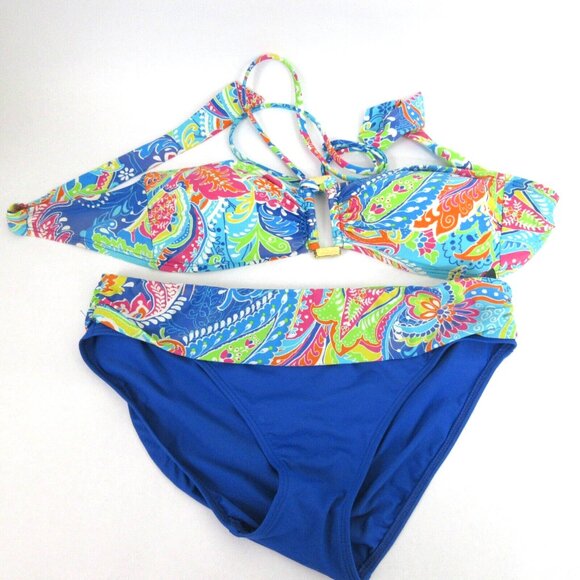 LAUREN Ralph Lauren 2 pc Swimsuit Bikini Sz 6 Blue Paisley Halter Neck Tie Back - Picture 9 of 9